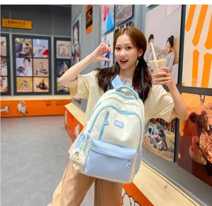 Cute college student backpack light blue color block casual large capacity daypack for women