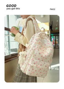 Cute floral double shoulder backpack detail, casual canvas bookbag with cute bear pendant.