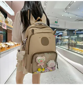 Cute transparent school backpack for teen girls, large capacity sweet student book bag with bear ears.