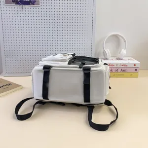 Trendy white student school backpack with black straps large capacity detail view for use