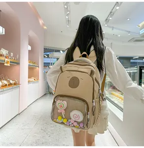 Cute transparent front pocket school backpack for teenage girls, large capacity casual daypack.
