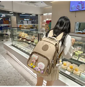 Cute transparent pocket canvas backpack for women large capacity school bag with bear ears