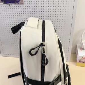 Casual white backpack with black zippers, multi-pocket school bag for students daily use.