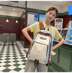 Stylish contrast color school backpack for women, cute design daily student casual daypack.