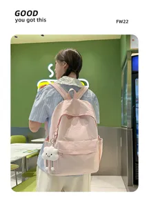Casual canvas school backpack for teen girls light pink travel daypack with cute pendant