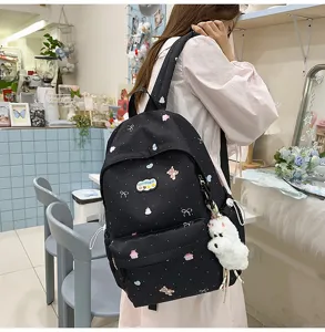 Cute bear print black school backpack, stylish large capacity casual daypack with plush puppy.