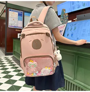 Cute pink school backpack for girls with transparent front pocket and bear design.