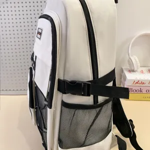 White student backpack with multi-pockets, side mesh pockets and adjustable buckle straps.