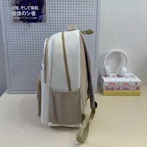 Casual minimalist backpack in white and khaki, stylish daily student daypack with pockets.