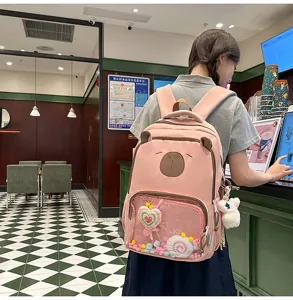 Pink transparent pocket backpack featuring cute bear ears and large capacity for school use.