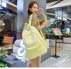 Casual college backpack detail showing spacious compartment and stylish color block look.
