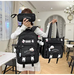 Black school backpack set with tote bag and pencil case, large capacity for students and travel.