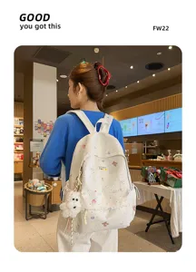 Cute bear print canvas backpack for women and girls, large capacity daily school bag.