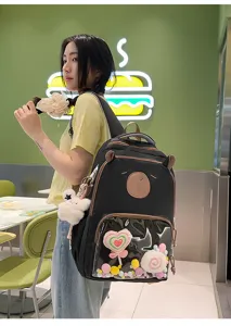 Cute black school backpack with clear pocket, bear ears design and sweet candy pendants.