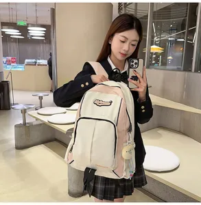 2025 new student backpack stylish beige pink contrast color casual daily book bag for girls