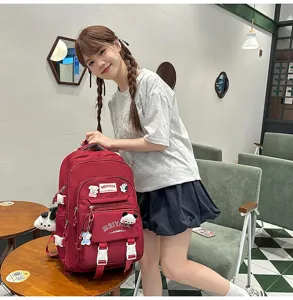Large capacity red casual backpack detail shot, ideal for daily school and travel use.