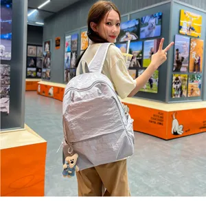 Casual nylon backpack large capacity school bookbag for women light grey daily commute