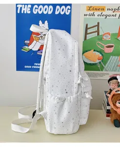 Canvas backpack for women teens white silver star pattern school bag laptop casual daypack