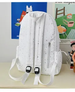 White star print casual backpack for women teens, detailing with back zipper pocket and straps.