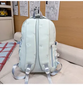 Casual mint green student backpack with cute embroidery, large capacity daily travel bag.