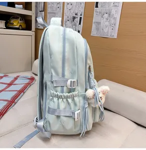 Light blue student school backpack detail, side view featuring pockets and bow design.