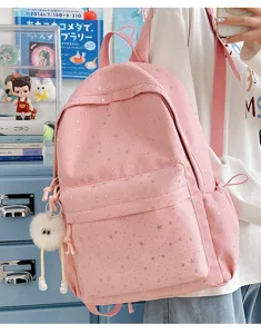 Pink star print backpack for women and students, large capacity cute school book bag daily use.