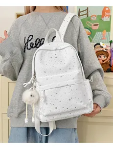 White star print backpack for school casual daily use with large capacity and multi pockets.