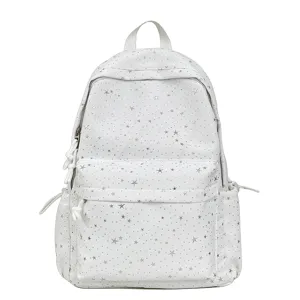 White canvas backpack for women and teens with stylish silver star pattern, large capacity school bag.