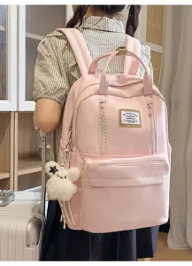 Japanese cute pink canvas backpack large capacity school bag for girls casual travel daily.