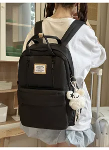 Japanese style casual black backpack large capacity school bag with cute bear pendant