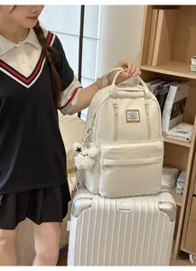 Japanese style cute white canvas backpack large capacity student school bag casual daypack for girls