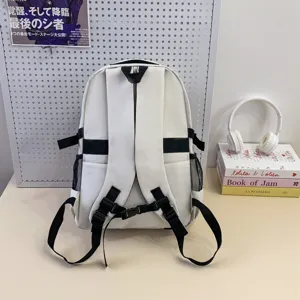Detail view of white casual backpack with black straps, stylish daily school bag for students.