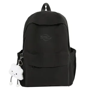 Casual black school backpack with cute cloud pendant for daily student and travel use