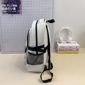 Casual white school backpack large capacity student bookbag with side mesh pockets