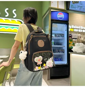 Cute bear ear design transparent front pocket backpack detail view showing kawaii plush charms.