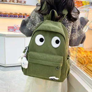 Green corduroy backpack cute big eyes student school bag large capacity casual daypack