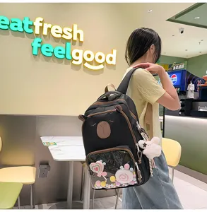Transparent front pocket school backpack with cute bear ears and candy charms for daily use.