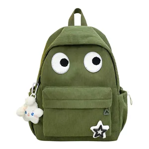 Cute big eye corduroy backpack for women, casual school bag and large capacity daypack main view