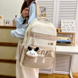 Japanese style minimalist canvas school backpack large capacity casual beige daypack for students