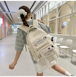 Large capacity canvas backpack for students, casual daily travel laptop school bag detail.