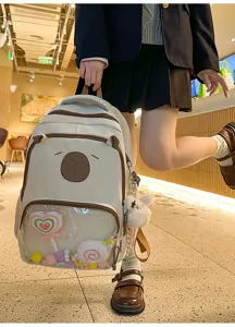 Detailed view of the cute clear front pocket school backpack with cartoon animal face and large capacity.