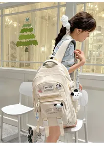 Large capacity casual backpack for students, stylish school bag with cute plush charms, beige.