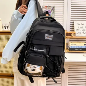 Casual large capacity black school backpack with multiple functional pockets for students.