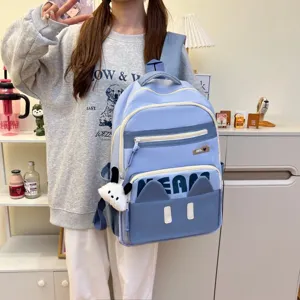 Cute Japanese style student backpack light blue casual school bag with cat ears and cute plush pendant