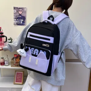 Casual cat ear student backpack, black and purple colorblock stylish double shoulder bag.