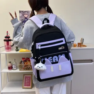 Japanese style ins casual student backpack featuring black and purple color block with cute cat ears.