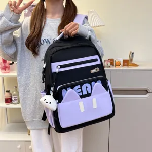 Cute Japanese style casual backpack with cat ears and plush pendant for student daily commute