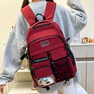 Red fashion school backpack for students, large capacity multi-pocket casual daily daypack