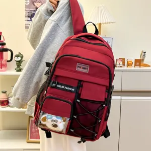 Stylish red multi-pocket school backpack for students, large capacity casual daily bag.