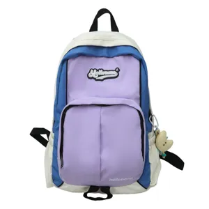 Stylish color-block student backpack with multiple pockets and cute charm pendant.